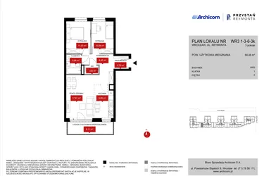 Rzut - Mieszkanie na sprzedaż 3 pokoje o powierzchni 64,48 m² - numer WR3 1/3/6/3k w Przystań Reymonta etap II