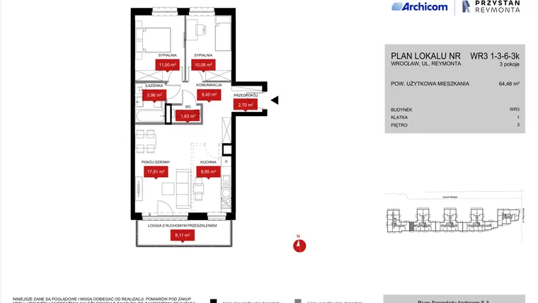 Rzut - Mieszkanie na sprzedaż 3 pokoje o powierzchni 64,82 m² - numer WR3 1/3/6/3k w Przystań Reymonta etap II