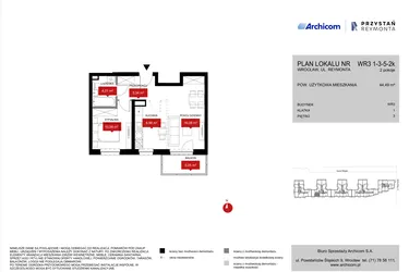 Rzut - Mieszkanie na sprzedaż 2 pokoje o powierzchni 44,55 m² - numer WR3 1/3/5/2k w Przystań Reymonta etap II