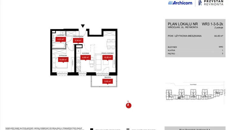 Rzut - Mieszkanie na sprzedaż 2 pokoje o powierzchni 44,55 m² - numer WR3 1/3/5/2k w Przystań Reymonta etap II