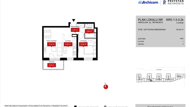 Rzut - Mieszkanie na sprzedaż 2 pokoje o powierzchni 43,4 m² - numer WR3 1/3/3/2k w Przystań Reymonta etap II