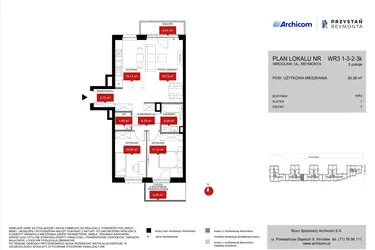 Rzut - Mieszkanie na sprzedaż 3 pokoje o powierzchni 65,36 m² - numer WR3 1/3/2/3k w Przystań Reymonta etap II