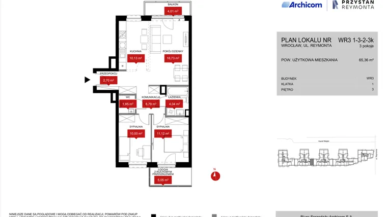 Rzut - Mieszkanie na sprzedaż 3 pokoje o powierzchni 65,36 m² - numer WR3 1/3/2/3k w Przystań Reymonta etap II