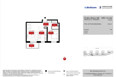 Rzut - Mieszkanie na sprzedaż 2 pokoje o powierzchni 43,22 m² - numer WR3 1/4/3/2k w Przystań Reymonta etap II