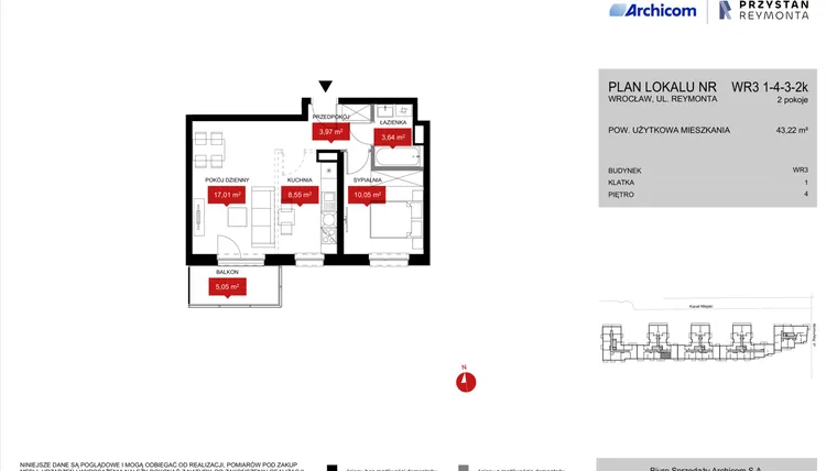 Rzut - Mieszkanie na sprzedaż 2 pokoje o powierzchni 43,38 m² - numer WR3 1/4/3/2k w Przystań Reymonta etap II
