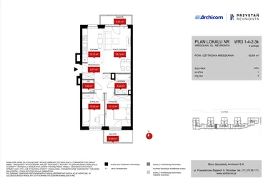 Rzut - Mieszkanie na sprzedaż 3 pokoje o powierzchni 62,64 m² - numer WR3 1/4/2/3k w Przystań Reymonta etap II