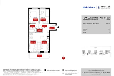 Rzut - Mieszkanie na sprzedaż 3 pokoje o powierzchni 64,75 m² - numer WR3 1/4/6/3k w Przystań Reymonta etap II