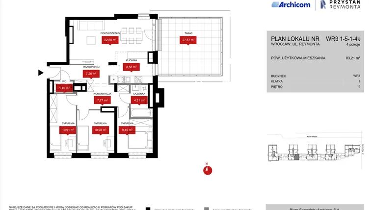 Rzut - Mieszkanie na sprzedaż 4 pokoje o powierzchni 83,54 m² - numer WR3 1/5/1/4k w Przystań Reymonta etap II
