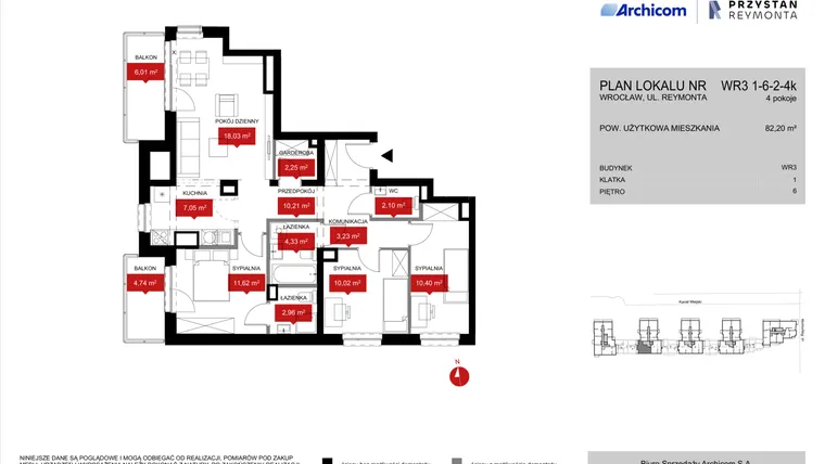 Rzut - Mieszkanie na sprzedaż 4 pokoje o powierzchni 82,35 m² - numer WR3 1/6/2/4k w Przystań Reymonta etap II