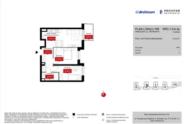 Rzut - Mieszkanie na sprzedaż 3 pokoje o powierzchni 51,54 m² - numer WR3 1/5/6/3a w Przystań Reymonta etap II