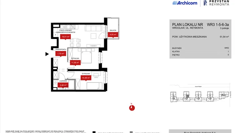 Rzut - Mieszkanie na sprzedaż 3 pokoje o powierzchni 51,78 m² - numer WR3 1/5/6/3a w Przystań Reymonta etap II
