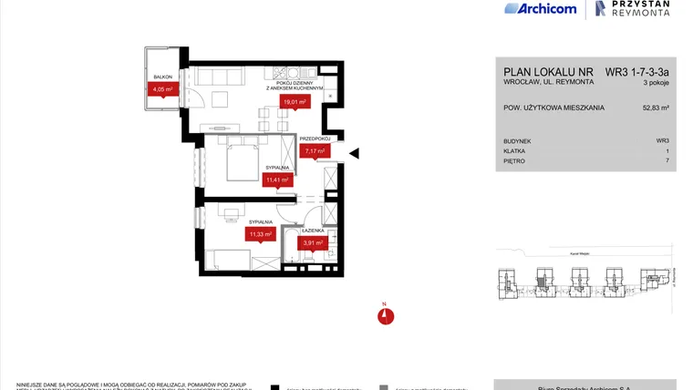 Rzut - Mieszkanie na sprzedaż 3 pokoje o powierzchni 52,83 m² - numer WR3 1/7/3/3a w Przystań Reymonta etap II