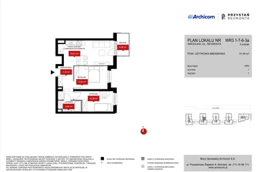 Rzut - Mieszkanie na sprzedaż 3 pokoje o powierzchni 51,65 m² - numer WR3 1/7/6/3a w Przystań Reymonta etap II