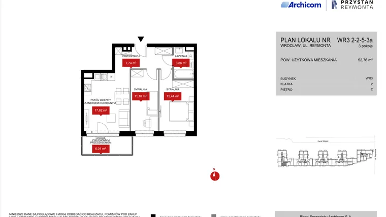 Rzut - Mieszkanie na sprzedaż 3 pokoje o powierzchni 52,97 m² - numer WR3 2/2/5/3a w Przystań Reymonta etap II