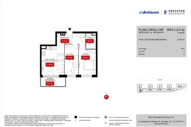 Rzut - Mieszkanie na sprzedaż 3 pokoje o powierzchni 52,97 m² - numer WR3 2/2/5/3a w Przystań Reymonta etap II