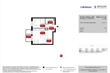 Rzut - Mieszkanie na sprzedaż 2 pokoje o powierzchni 41,85 m² - numer WR3 2/2/7/2k w Przystań Reymonta etap II
