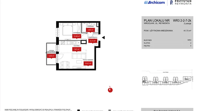 Rzut - Mieszkanie na sprzedaż 2 pokoje o powierzchni 41,85 m² - numer WR3 2/2/7/2k w Przystań Reymonta etap II