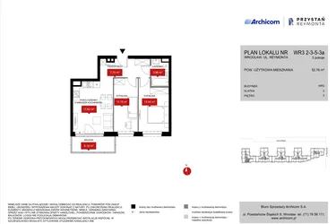 Rzut - Mieszkanie na sprzedaż 3 pokoje o powierzchni 52,76 m² - numer WR3 2/3/5/3a w Przystań Reymonta etap II