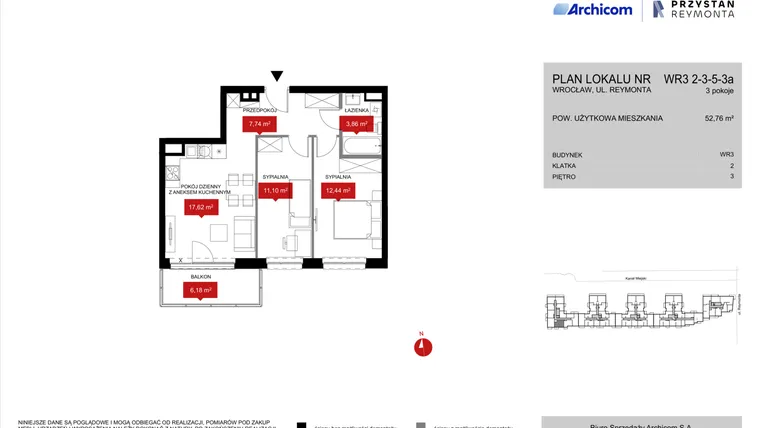 Rzut - Mieszkanie na sprzedaż 3 pokoje o powierzchni 53,17 m² - numer WR3 2/3/5/3a w Przystań Reymonta etap II