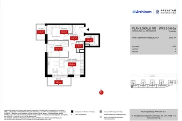 Rzut - Mieszkanie na sprzedaż 3 pokoje o powierzchni 55,59 m² - numer WR3 2/3/6/3a w Przystań Reymonta etap II