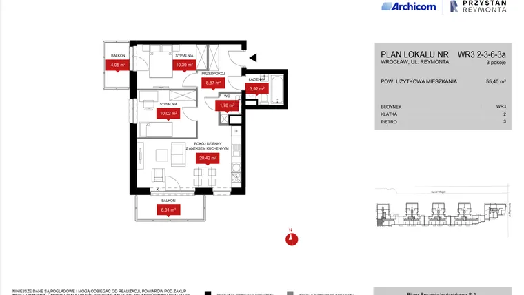 Rzut - Mieszkanie na sprzedaż 3 pokoje o powierzchni 55,59 m² - numer WR3 2/3/6/3a w Przystań Reymonta etap II