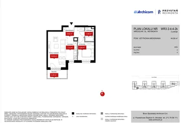 Rzut - Mieszkanie na sprzedaż 2 pokoje o powierzchni 44,39 m² - numer WR3 2/4/4/2k w Przystań Reymonta etap II
