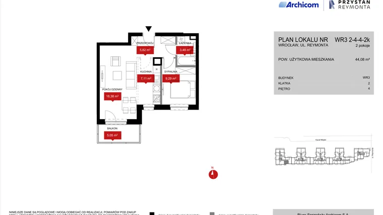 Rzut - Mieszkanie na sprzedaż 2 pokoje o powierzchni 44,39 m² - numer WR3 2/4/4/2k w Przystań Reymonta etap II