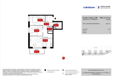 Rzut - Mieszkanie na sprzedaż 3 pokoje o powierzchni 55,3 m² - numer WR3 2/4/6/3a w Przystań Reymonta etap II