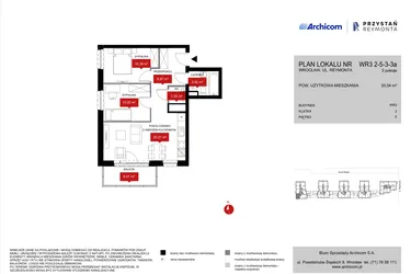 Rzut - Mieszkanie na sprzedaż 3 pokoje o powierzchni 55,56 m² - numer WR3 2/5/3/3a w Przystań Reymonta etap II