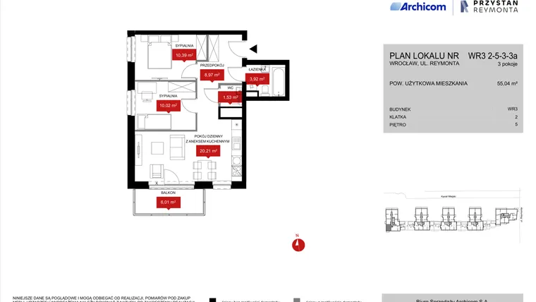 Rzut - Mieszkanie na sprzedaż 3 pokoje o powierzchni 55,56 m² - numer WR3 2/5/3/3a w Przystań Reymonta etap II