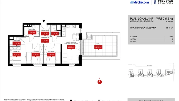 Rzut - Mieszkanie na sprzedaż 4 pokoje o powierzchni 72,1 m² - numer WR3 2/5/2/4a w Przystań Reymonta etap II