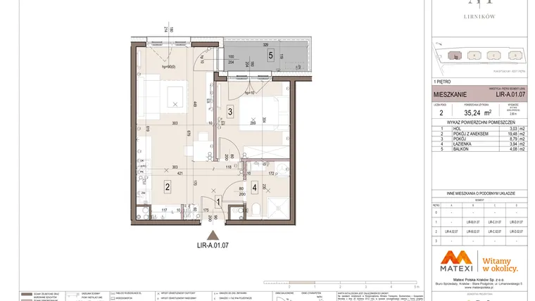 Rzut - Mieszkanie na sprzedaż 2 pokoje o powierzchni 35,24 m² - numer A.01.07 w Takt Lirników