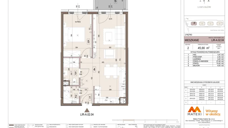 Rzut - Mieszkanie na sprzedaż 2 pokoje o powierzchni 45,66 m² - numer A.02.04 w Takt Lirników