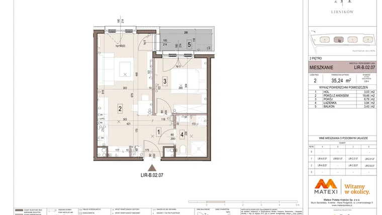 Rzut - Mieszkanie na sprzedaż 2 pokoje o powierzchni 35,24 m² - numer B.02.07 w Takt Lirników