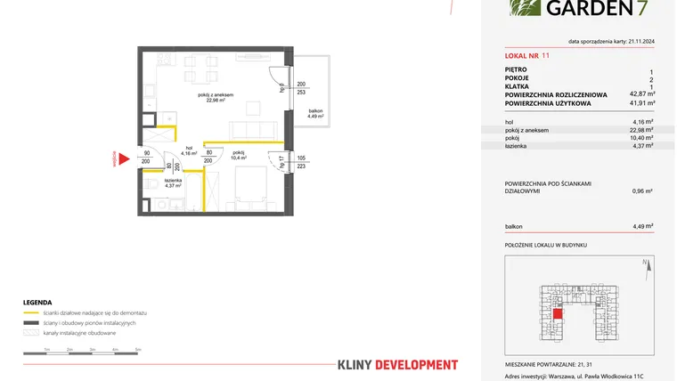 Rzut - Mieszkanie na sprzedaż 2 pokoje o powierzchni 42,87 m² - numer 11 w Nova Viva Garden 7
