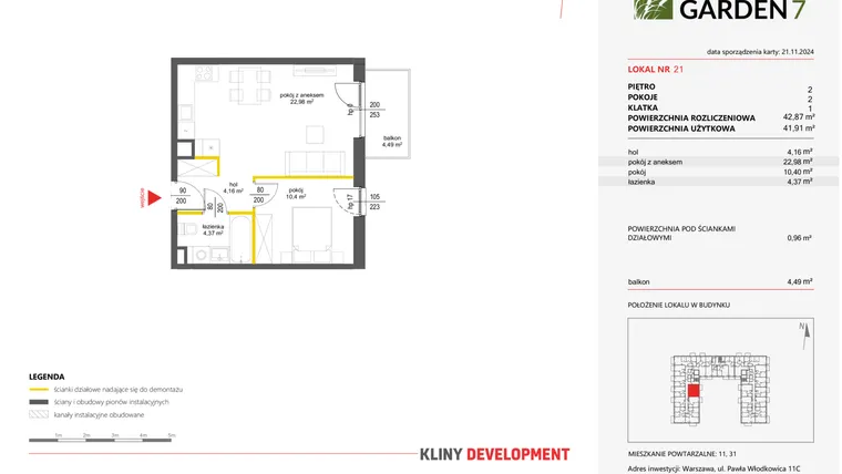 Rzut - Mieszkanie na sprzedaż 2 pokoje o powierzchni 41,91 m² - numer 21 w Nova Viva Garden 7