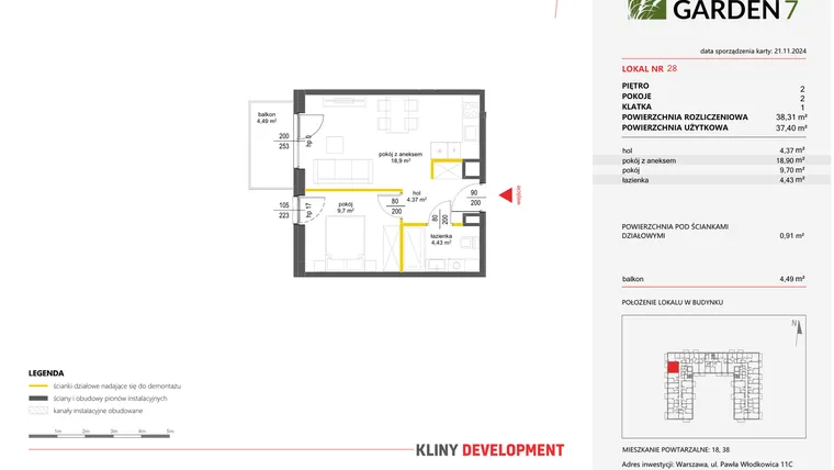 Rzut - Mieszkanie na sprzedaż 2 pokoje o powierzchni 38,31 m² - numer 28 w Nova Viva Garden 7