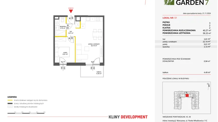 Rzut - Mieszkanie na sprzedaż 2 pokoje o powierzchni 40,27 m² - numer 51 w Nova Viva Garden 7