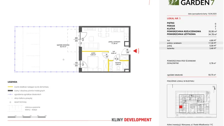 Rzut - Mieszkanie na sprzedaż 2 pokoje o powierzchni 34,78 m² - numer 5 w Nova Viva Garden 7