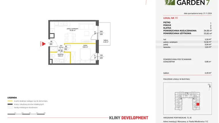 Rzut - Mieszkanie na sprzedaż 2 pokoje o powierzchni 34,69 m² - numer 65 w Nova Viva Garden 7