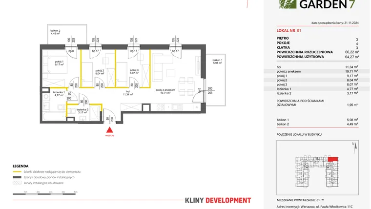 Rzut - Mieszkanie na sprzedaż 4 pokoje o powierzchni 64,27 m² - numer 81 w Nova Viva Garden 7