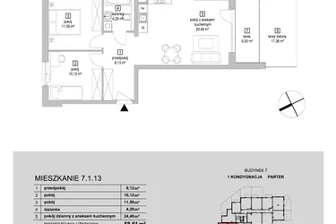 Rzut - Mieszkanie na sprzedaż 3 pokoje o powierzchni 58,61 m² - numer 7.1.13 w Osiedle Przyjemne IV