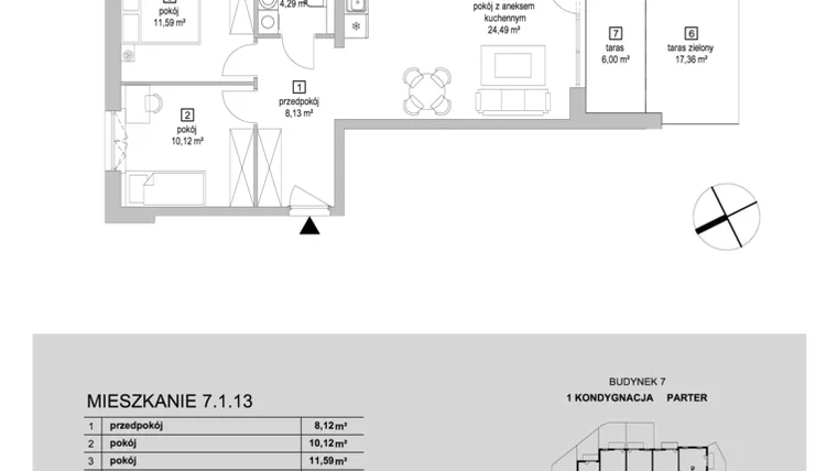 Rzut - Mieszkanie na sprzedaż 3 pokoje o powierzchni 58,61 m² - numer 7.1.13 w Osiedle Przyjemne IV