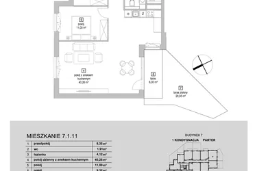 Rzut - Mieszkanie na sprzedaż 3 pokoje o powierzchni 74,96 m² - numer 7.1.11 w Osiedle Przyjemne IV