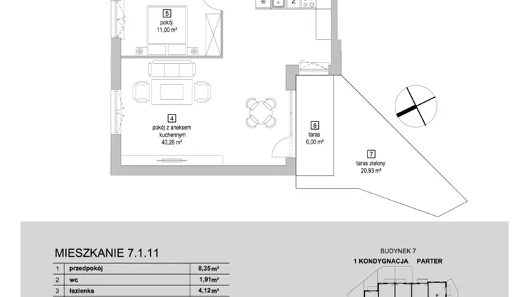 Rzut - Mieszkanie na sprzedaż 3 pokoje o powierzchni 74,96 m² - numer 7.1.11 w Osiedle Przyjemne IV