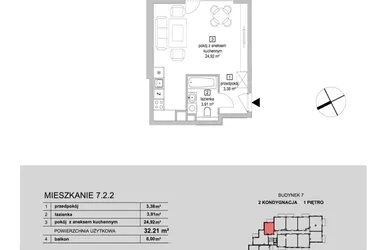 Rzut - Mieszkanie na sprzedaż 1 pokój o powierzchni 32,21 m² - numer 7.2.2 w Osiedle Przyjemne IV