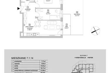 Rzut - Mieszkanie na sprzedaż 3 pokoje o powierzchni 57,81 m² - numer 7.1.14 w Osiedle Przyjemne IV