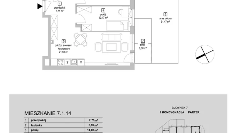 Rzut - Mieszkanie na sprzedaż 3 pokoje o powierzchni 57,81 m² - numer 7.1.14 w Osiedle Przyjemne IV