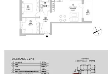 Rzut - Mieszkanie na sprzedaż 3 pokoje o powierzchni 58,63 m² - numer 7.2.13 w Osiedle Przyjemne IV