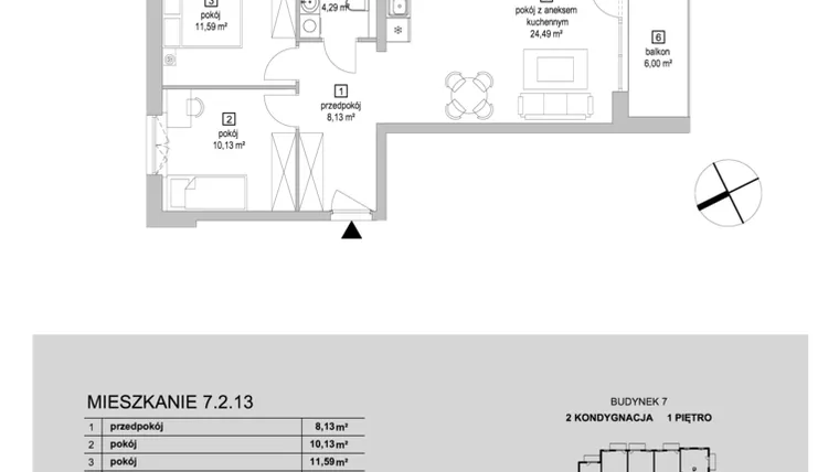 Rzut - Mieszkanie na sprzedaż 3 pokoje o powierzchni 58,63 m² - numer 7.2.13 w Osiedle Przyjemne IV